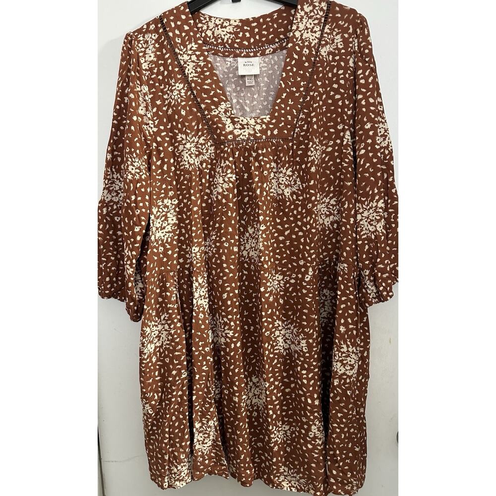 Knox Rose Women’s Dress Brown Cream Floral Boho Peasant Size XXL Linen Blend